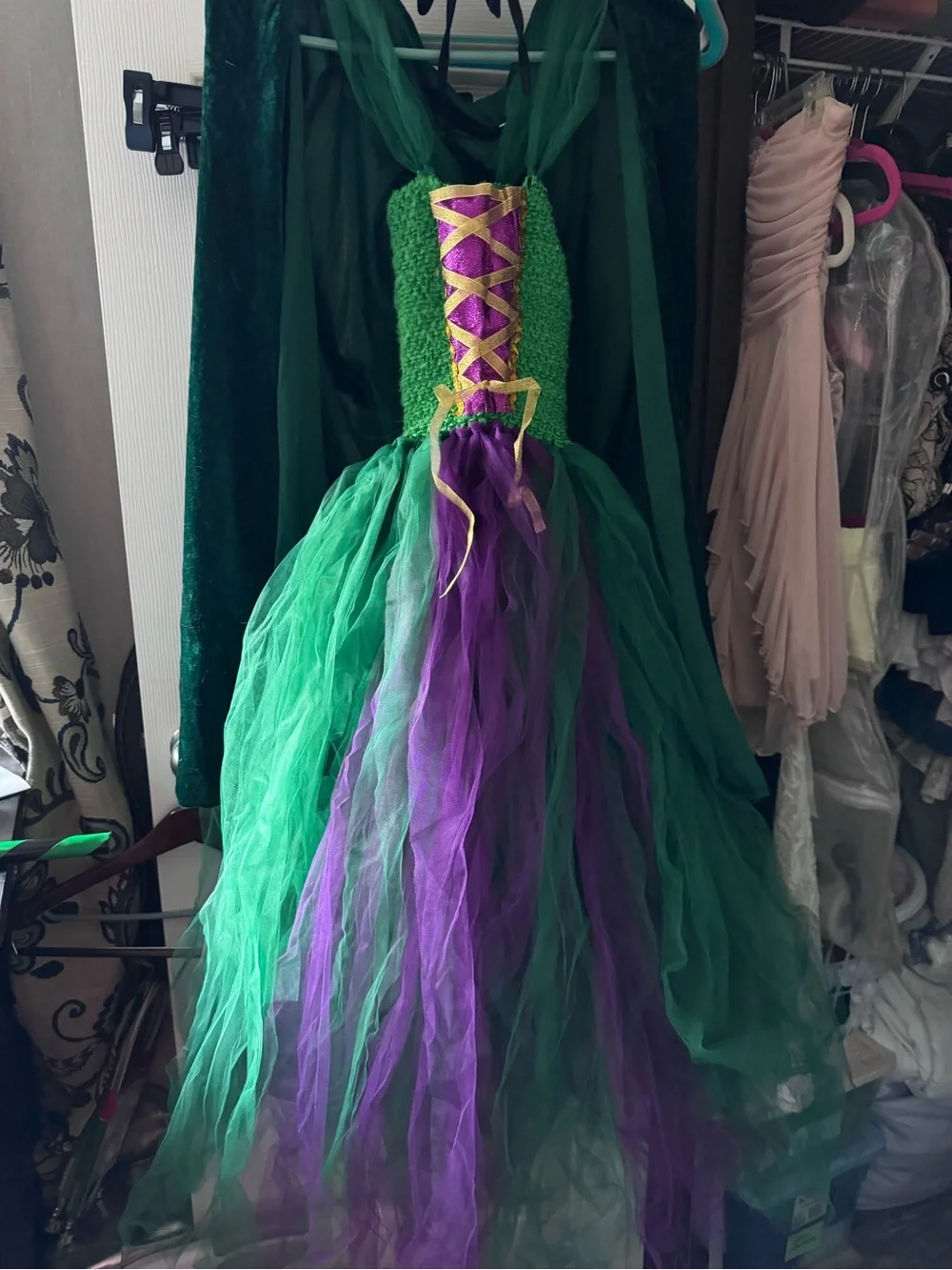 Kids Green & Purple Witch Costume with Cape & Wand